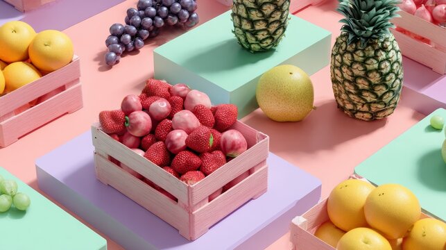 Fruits in colorful geometric crates on pastel checkered background in surreal vibrant layout