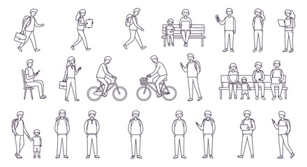 line art people illustrations diverse human figures engaged in daily routines using technology and interacting in public urban settings.