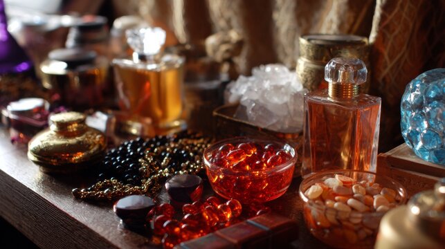 Assorted glass perfume bottles with gemstones and jewelry for luxury fragrance and accessory concept - Powered by Adobe