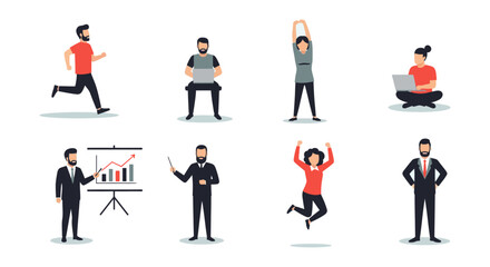 flat design characters illustration showing diverse people icons engaged in business fitness and casual activities for ux and web design projects.