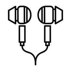 Simple outline icon of earbuds with wire and connector for audio listening and music playback