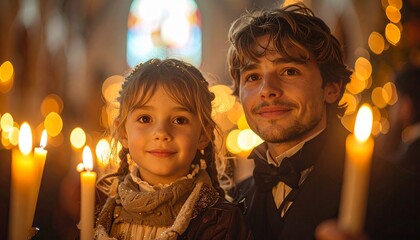 Catholic Christmas Mass: Father and Daughter Holding Candles in Church, Festive Holiday Portrait, Faith and Family Bonds.