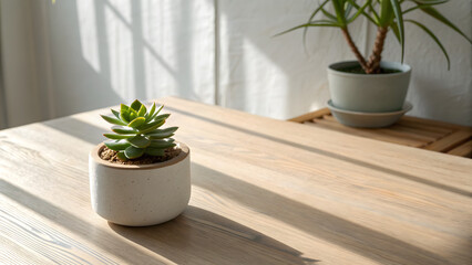 Sunlit table with succulent and potted plant