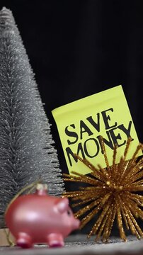 Varios adornos navide&ntilde;os y un cerdo de color rosado rodeados de luces de colores con una nota con la palabra ahorra dinero, pero celebra la navidad feliz. Video vertical