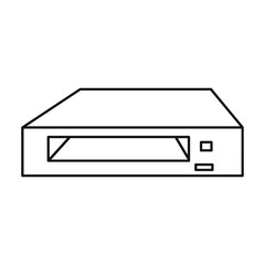 Simple line drawing of a vintage vcr player with a slot for tapes and buttons on a white background