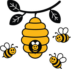 Cartoon beehive hanging from a branch with happy flying bees