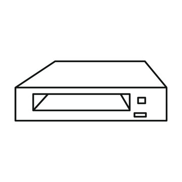 Simple line drawing of a vintage vcr player with a slot for tapes and buttons on a white background