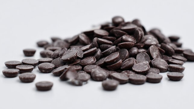 Dark chocolate chips scattered on white background in top-down flatlay style for baking scene - Powered by Adobe