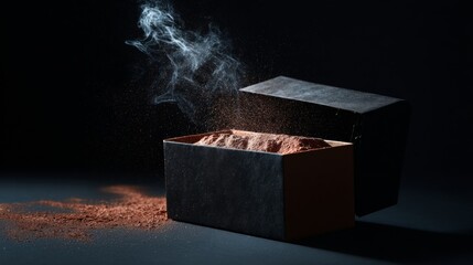 Fototapeta premium Dark dramatic box with powder explosion effect on black background in motion freeze frame