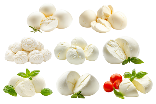 Set of Buffalo mozzarella cheese balls isolated on white transparent background. Concept of fresh dairy products and Italian cuisine - Powered by Adobe