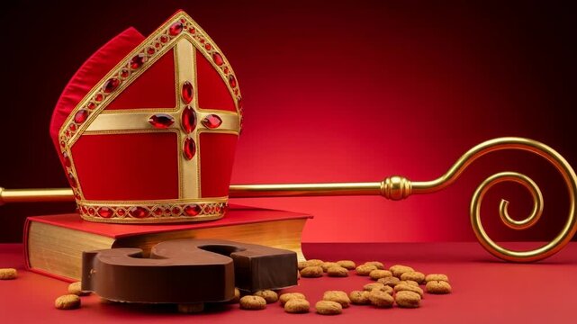Red sinterklaas hat Mitre, decorative staff, large chocolate letter S, surrounded by traditional spiced cookies, festive attire and dutch holiday spirit. traditional Saint Nicolas day five december	