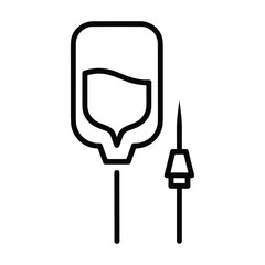 Simple line art icon of an intravenous iv drip bag and tubing with a needle for medical and healthcare concepts