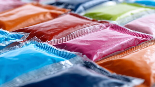 Colorful vacuum sealed bags with spices and powders arranged in grid pattern for packaging theme