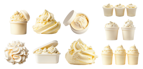 Assorted vanilla ice cream scoops and cream cheese swirls in different cups and tubs, isolated on white background, concept of dessert variety