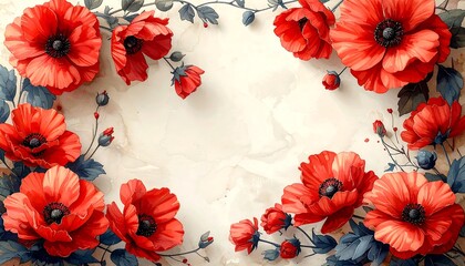 Artistic floral arrangement of red poppies, leaves, and buds on a textured, creamy beige background