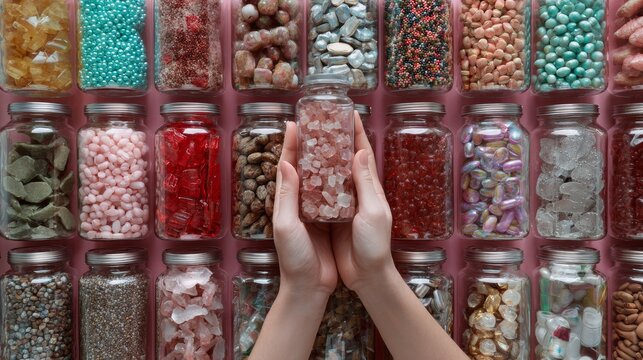 Hands holding glass jar in front of candy shop shelf filled with assorted colorful sweets and treats