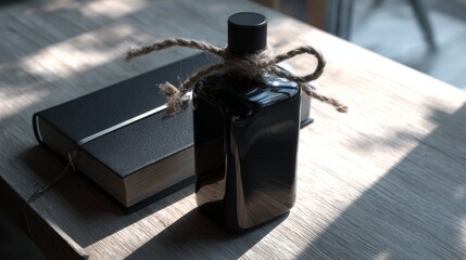 Elegant dark perfume bottle with blank label and notebook on rustic wood table under soft daylight