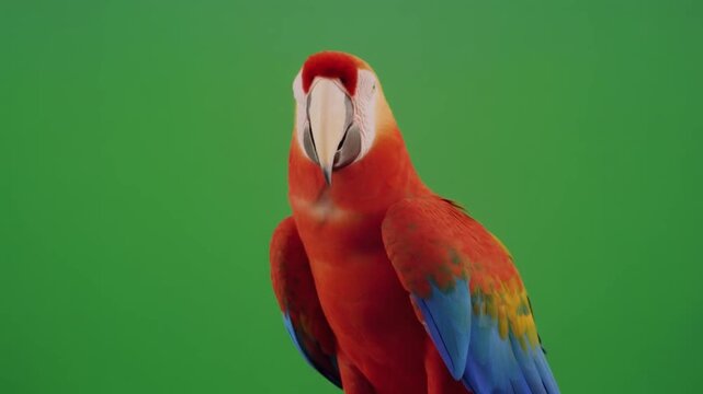 A stunning, vibrant Scarlet Macaw parrot perched against a vivid green background, captured in a studio setting