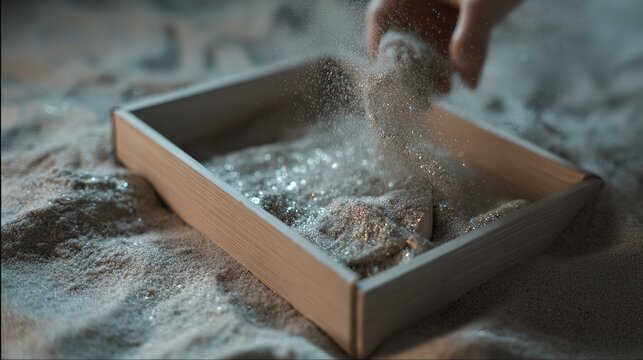 Wooden sieve with white powder falling through mesh placed on linen fabric background in studio