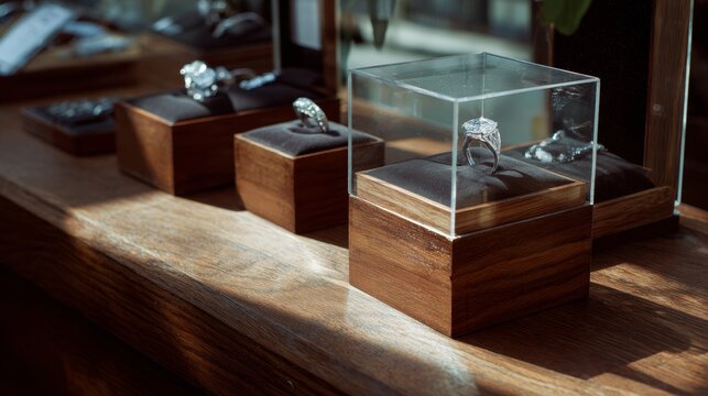 Elegant wooden jewelry display cases with glass covers under natural sunlight on wooden tabletop surface