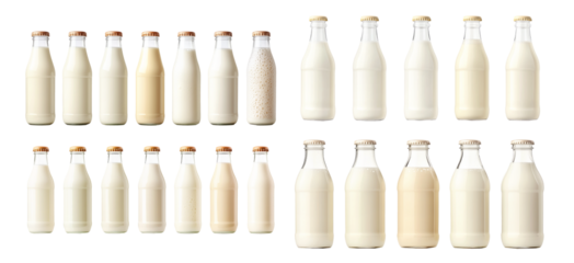 Set of Milk bottles with caps aligned in a row, isolated on white background. Concept of dairy products and freshness.
