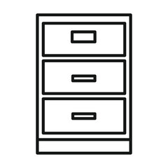 Simple outline drawing of a three drawer filing cabinet with handles on a white background