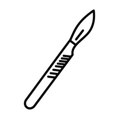 Simple hand drawn outline illustration of a surgical scalpel with a sharp pointed blade and textured handle on a white background