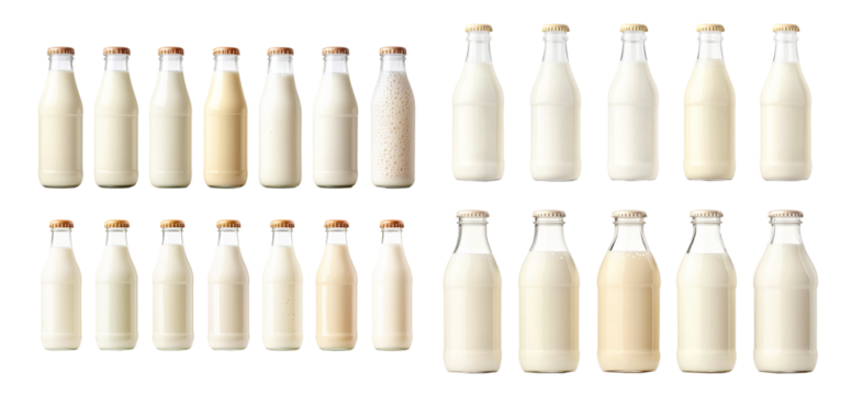 Set of Milk bottles with caps aligned in a row, isolated on white background. Concept of dairy products and freshness.