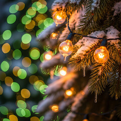 Christmas tree with illuminated string lights and snow covered branches