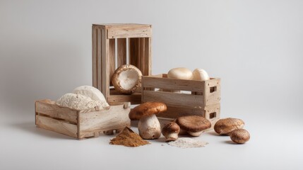 Rustic wooden crate filled with assorted nuts on neutral background with soft shadows