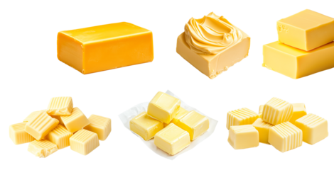 Set of butter cubes stacked on piece of paper isolated on white background. Concept of dairy products and cooking ingredients
