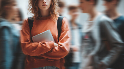 Teenager girl holding a book close to the chest, standing alone with blurred students in the background, representing social anxiety in school environments