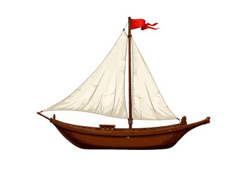 Obraz premium Illustration of a Traditional Wooden Sailing Ship with a Red Flag and Creamy Sails on a White Background Showcasing Maritime Heritage