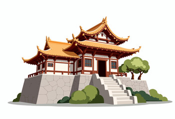 Obraz premium Traditional East Asian Temple with Intricate Architecture and Classic Curved Roof Design Surrounded by Lush Greenery Set Against a Clear Blue Sky