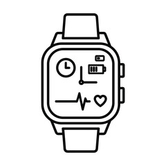 Modern digital smartwatch with a clean line art design displaying health and fitness tracking icons on its screen