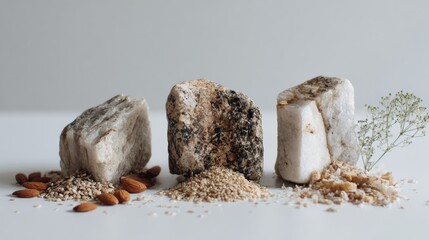 Variety of cheese wheels on white surface with nuts and herbs scattered