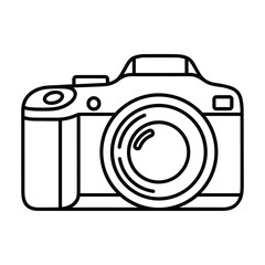 Simple outline drawing of a modern digital camera with a large lens and flash on top