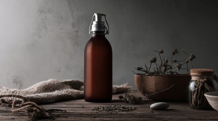 Amber glass bottle with herbs and rustic decor on dark background surface
