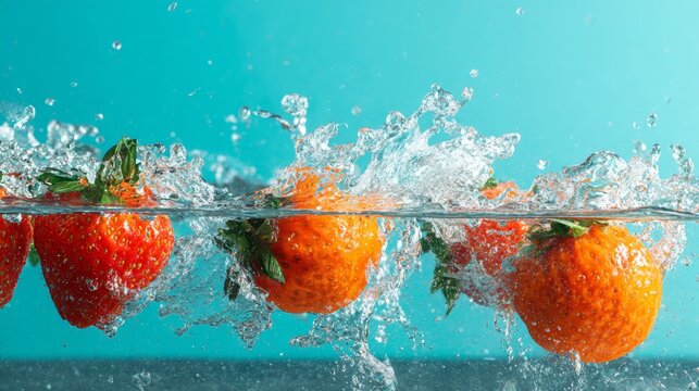 Strawberries splashing into clear water with frozen motion and bubbles