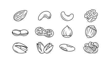 Collection of hand drawn nut silhouettes in a grid layout silhouette