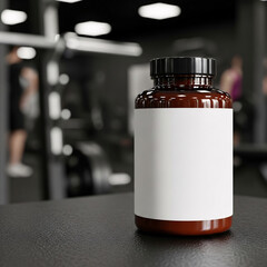 Supplement bottle with blank label on gym table in blurred background