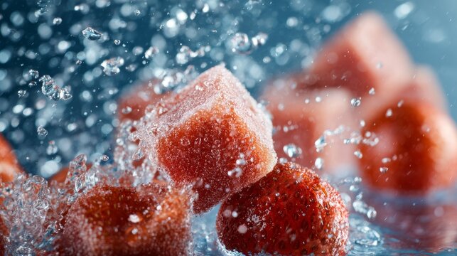 Sugar-coated red gummies splashing into water in slow-motion high-speed capture