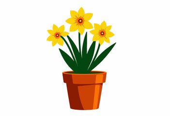Cheerful Illustration of Three Bright Yellow Daffodils Blooming in a Simple Terracotta Pot with Green Leaves Against a Crisp White Background