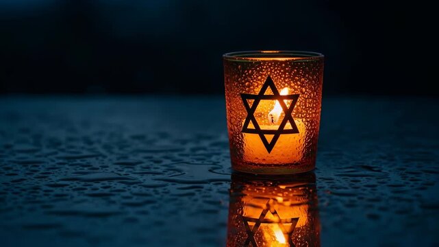 Candle with star of David. Happy Independence Day of Israel, Memorial Day. warm glow on wet surface, surrounded by soft bokeh lights. National mourning, Hanukkah, Passover, Shavuot, Yom Kippur holiday
