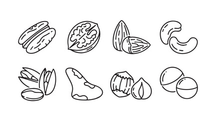 Collection of various nut silhouettes in a simple line art style