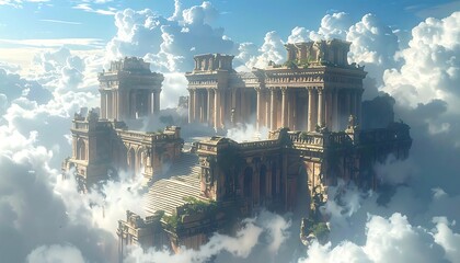 Ancient stone ruins float amid clouds, bathed in sunlight. Detailed pillars and weathered structures are visible