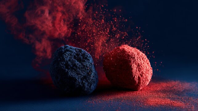 Colorful explosion of red and blue powder balls in dark background