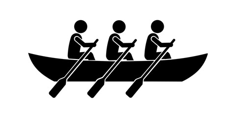 Three stickman rowing a boat together, teamwork paddling illustration, simple black silhouette rowers, group rowing activity icon, minimalist people paddling canoe vector. © Ezra