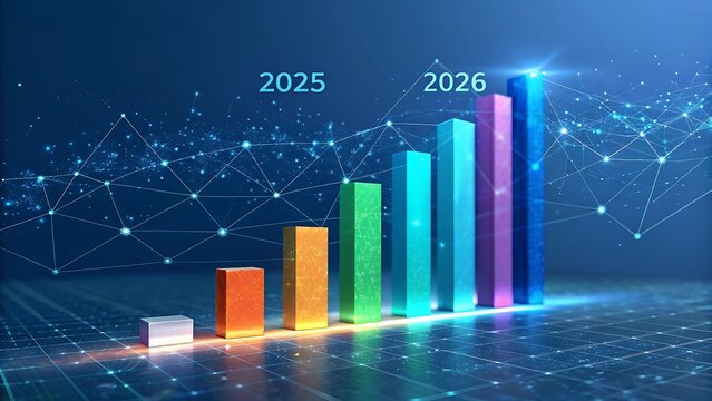 Futuristic bar chart showing growth and progress towards 2025 and 2026