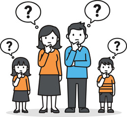 Create a Simple vector illustration of thinking parents and children vector art with white background.